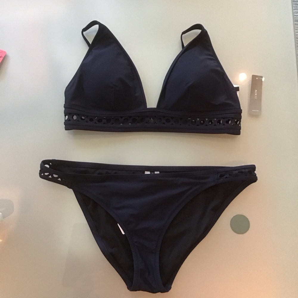NEW J Crew Navy Blue Circle Cutout Triangle Top &‎ Bottoms Bikini 2 Piece L $140